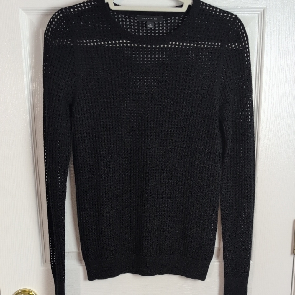 Ann Taylor Black Mesh Knit Crew Neck Sweater, Sz. Small